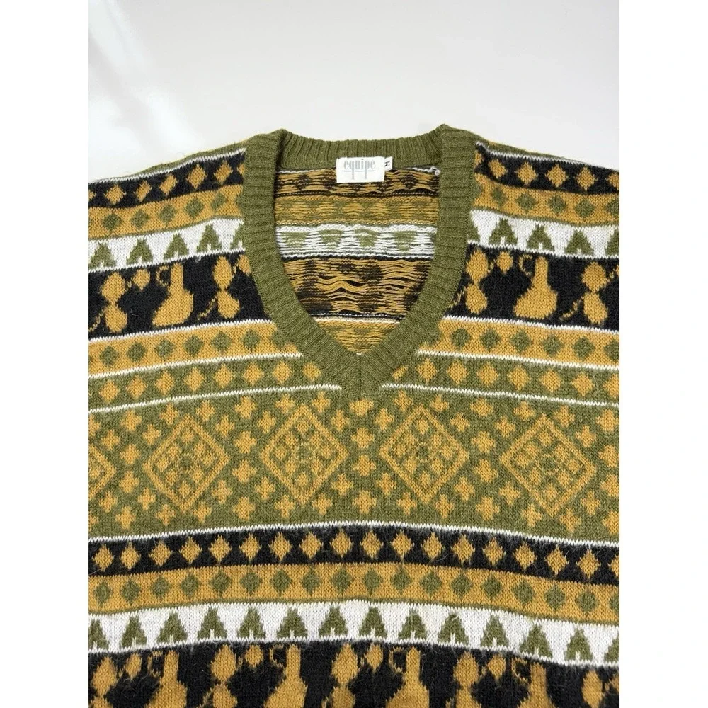 Vintage 90s Retro Equip Knit Sweater Medium Green mustard Pullover Mens cozy